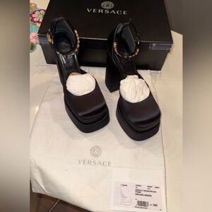 Versace Medusa Aevitas Black Satin Platform Pump Gold Studded EU38 US7.5